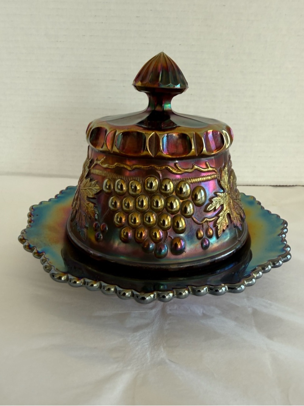 Antique Northwood Amethyst Carnival Glass Covered Butter Dish Grape and Cable